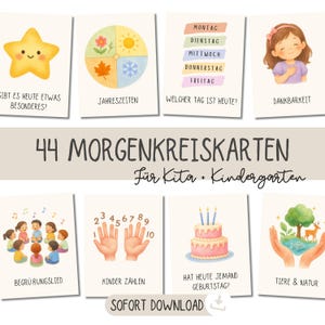 Könnte beinhalten: Ein Set aus 44 Morgenkreiskarten für Kita und Kindergarten mit Aquarell-Illustrationen und deutschem Text. Die Karten zeigen Themen wie Jahreszeiten, Wochentage, Dankbarkeit, Zählen, Geburtstage und Natur für den täglichen Einsatz im Morgenkreis.