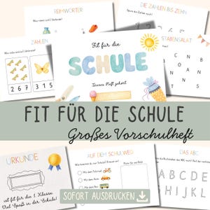 Könnte beinhalten: Eine Sammlung von Arbeitsblättern mit dem Titel Fit für die Schule, die Übungen zu Zahlen, Reimwörtern, Buchstaben und Schulwegen enthalten, ergänzt durch bunte Illustrationen von Sonne, Eiscreme und einer Schultüte.