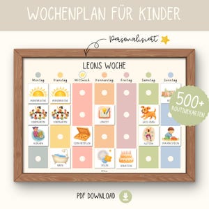 Könnte beinhalten: Ein gerahmter Wochenplan für Kinder mit der Überschrift Leons Woche, der sieben Spalten für die Wochentage mit farbigen vertikalen Streifen und weißen Quadraten mit illustrierten Routine-Symbolen und deutschen Textbeschriftungen sowie ein 500+ Routinekarten-Abzeichen enthält.