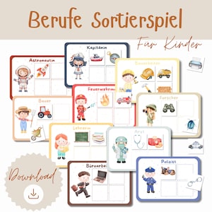May include: A set of colorful educational cards for children, featuring illustrations of various professions such as astronaut, firefighter, and doctor. The cards have text in German, with the word "Download" and an arrow icon.