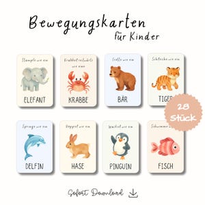 Puede incluir: Un conjunto de 8 tarjetas ilustradas para niños, con ilustraciones de animales en acuarela. Cada tarjeta presenta un animal diferente, incluyendo un elefante, un cangrejo, un oso, un tigre, un delfín, un conejo, un pingüino y un pez. Texto en alemán.