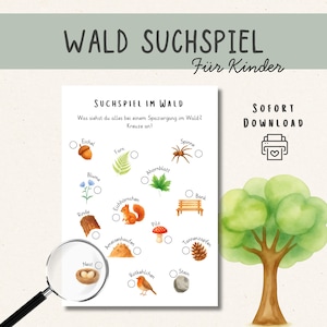 Op de afbeelding: Een speurtocht-werkblad voor kinderen met aquarelillustraties van natuurlijke elementen zoals een eikel, varen, spin, bloem, eekhoorn, paddenstoel, mierenhoop, dennenappel, vogel en steen, elk voorzien van een selectievakje om vondsten aan te vinken.