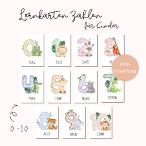 Lernkarten Zahlen 0-10 für Kinder | Zahlenkarten Tiere aquarell, Bildkarten Montessori, Vorschule Kita Kindergarten Kleinkind Vorlage PDF