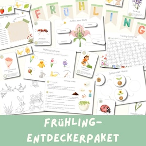 May include: A set of spring-themed educational cards and worksheets. The cards feature illustrations of flowers, insects, and plant life cycles. The text includes German words like "Frühling" and "Entdeckerpaket". The color scheme includes green, white, and pastel shades.