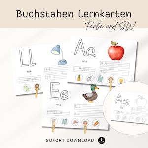 Pode incluir: Flashcards educativos com texto em alemão, apresentando o alfabeto. Os cartões exibem letras, imagens correspondentes e linhas de escrita. Uma maçã vermelha, um pato e uma luminária de mesa estão entre as ilustrações. O texto "SOFORT DOWNLOAD" é visível.