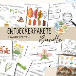 Puede incluir: Un conjunto de tarjetas y hojas de trabajo educativas con texto en alemán. Las tarjetas presentan ilustraciones de plantas, animales y temas de temporada, como hojas de otoño y un diagrama de flores. El título "ENTDECKERPAKETE" es visible.