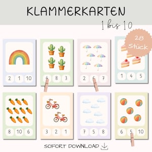Może przedstawiać: Zestaw edukacyjnych kart obrazkowych z akwarelowymi ilustracjami tęczy, kaktusów, parasoli, kawałków ciasta, marchewek, rowerów, chmur i piłek plażowych. Karty są ponumerowane od 1 do 10 i zawierają niemiecki tekst.