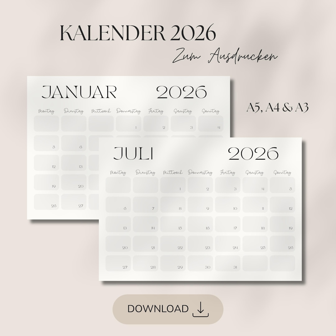 Kalender 2026 Zum Ausdrucken | Minimalistischer Wandkalender PDF