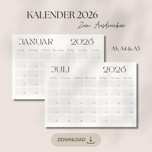 Könnte beinhalten: Zwei minimalistische Kalender für 2026, einer zeigt Januar und der andere Juli. Die Kalender sind weiß mit schwarzem Text, einschließlich der Wochentage und des Jahres. Der Text "KALENDER 2026 Zum Ausdrucken" steht oben.