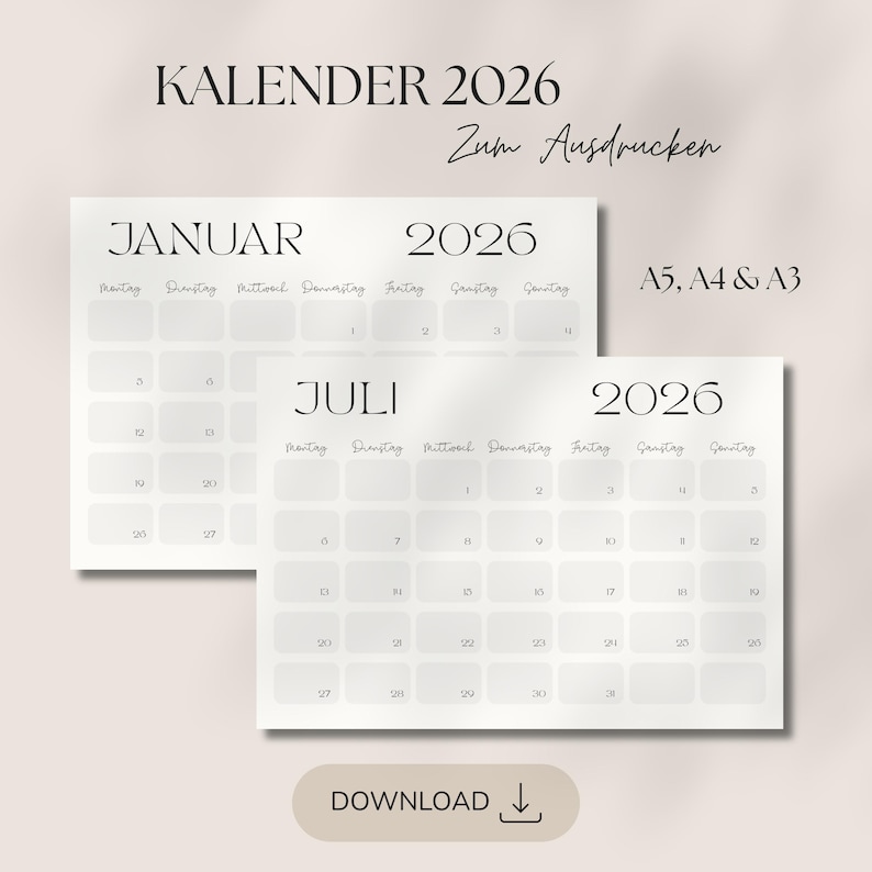 Kalender 2026 Zum Ausdrucken | Minimalistischer Wandkalender PDF