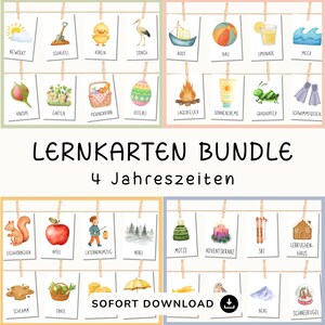 Könnte beinhalten: Eine Sammlung von Aquarellillustrationen auf Karten, die mit Wäscheklammern an einer Schnur befestigt sind. Die Karten zeigen saisonale Bilder wie Sonne, Schaufel, Küken, Boot, Ball, Limonade und mehr. Der Text lautet "Lernkarten Bundle 4 Jahreszeiten."