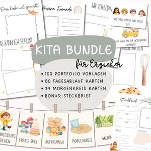 Op de afbeelding: Een verzameling afdrukbare educatieve materialen voor docenten. De bundel bevat portfoliotemplates, dagroosterkaarten, ochtendcirkelkaarten en een bonus profielblad. Het ontwerp bevat aquarel illustraties en Duitse tekst.