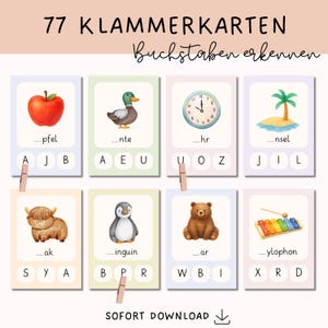 Könnte beinhalten: Lernkarten mit Illustrationen von Apfel, Ente, Uhr, Insel, Kuh, Pinguin, Bär und Xylophon. Die Karten haben Lückentexte und Buchstaben zur Auswahl. Der Text oben lautet "77 KLAMMERKARTEN Buchstaben erkennen."