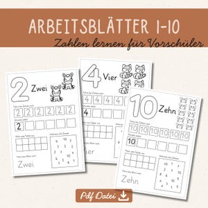 Op de afbeelding: Educatieve werkbladen voor de getallen 1-10 met de tekst ARBEITSBLÄTTER 1-10 en Zahlen lernen für Vorschüler. De pagina's bevatten oefeningen voor overtrekken, het schrijven van cijfers, telroosters en illustraties van dieren zoals zebra's en vossen.