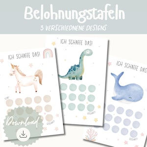 Può includere: Tre modelli di tabelle di ricompensa con un unicorno, un dinosauro e una balena. Ogni tabella ha il testo "ICH SCHAFFE DAS!" e una serie di cerchi per monitorare i progressi. La parola "Download" è visibile.