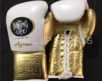 No Boxing No Life Gold & White Boxing Sparring Gloves Custom Made box Gloves