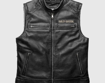 Gilet da motociclista Harley Davidson da uomo, in vera pelle bovina, con chiusura a strappo.
