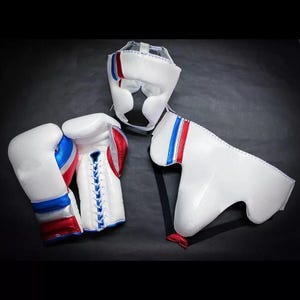 Puede incluir: Guantes de boxeo blancos, casco y protector de pecho con detalles rojos y azules. Los guantes están atados con cordones azules. El casco tiene un escudo de plástico transparente. El protector de pecho tiene una corbata roja.