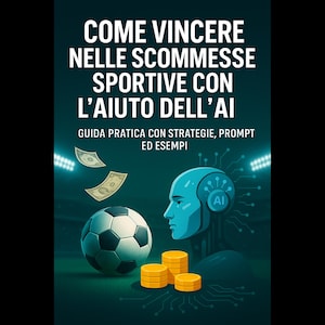 May include: An illustration with Italian text, "COME VINCERE NELLE SCOMMESSE SPORTIVE CON L'AIUTO DELL'AI," showing a football, gold coins, and an AI-themed head. The image includes banknotes and stadium lights.