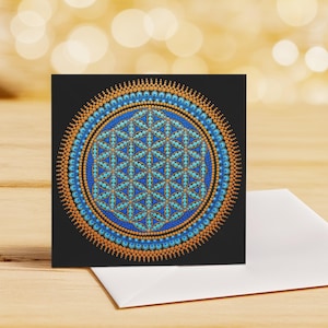 Grande carte de voeux émouvante – 20 x 20 cm | Motif mandala issu de notre collection originale de peintures à pois, avec une citation édifiante.