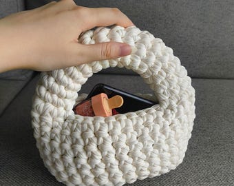Handmade Chunky Crochet Handbag, Luxury Knit Pouch Purse, Aesthetic Cotton Cord Top Handle Bag, Minimalist Dumpling Bag, Cute Small Grab Bag