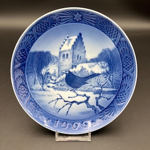 Royal Copenhagen 1966 Christmas Plate, Black Bird at Christmas Time