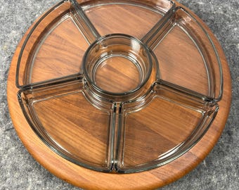 VTG Digsmed MCM Serving Set Lazy Susan Teak & Smoked Glass Danmark