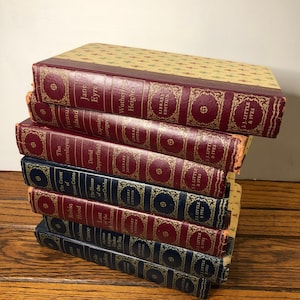 Puede incluir: Una pila de diez libros clásicos de literatura con cubiertas rojas y azules. Los libros son de la edición de la biblioteca J.J. Little & Ives. Los títulos incluyen "La isla del tesoro", "Jane Eyre", "Cumbres borrascosas", "El rastreador", "El conde de Montecristo", "Robin Hood", "La casa de los siete gabletes", "David Copperfield", "El último mohicano", y "Veinte mil leguas de viaje submarino".