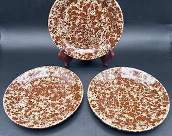 3pc VTG Bennington Potters Vermont Brown Agate SPONGEWARE Dessert Plate 1661