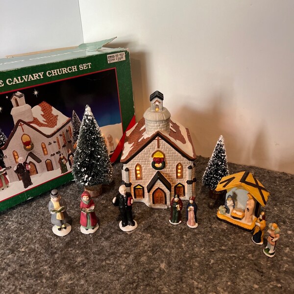 1994 Lemax Village Square Porcelain Church with Figures and Nativity w Original Box