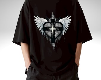 Camiseta con Cruz de Corazón y Ángel Multi - Fantasía Gótica, Diseño de Arte Emocional, 5 Estilos, Estética Alternativa Unisex
