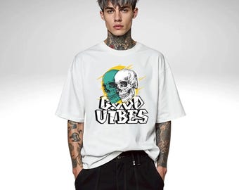 Maglietta con teschio Good Vibes - Divertente maglietta con grafica gotica a forma di teschio, streetwear unisex audace