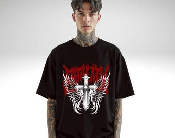 Camiseta gótica con cruz alada: camiseta gráfica de banda de metal, camiseta unisex cristiana alternativa oscura