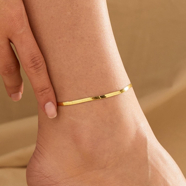 14K Gold Herringbone Anklet, Snake Chain Anklet | Gold Ankle Bracelets for Women, Sterling Silver Ankle Bracelet | Dainty Waterproof Anklet