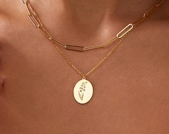 14K Gold Birth Flower Necklace, Birthflower Necklace | Dainty Birth Month Flower, Silver Birth Flower Jewelry | Personalized Birthday Gifts