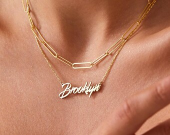 14K Gold Name Necklace, Custom Name Plate Necklace | Silver Name Necklace, Nameplate Necklace | Dainty Name Necklace for Mom, Script Name