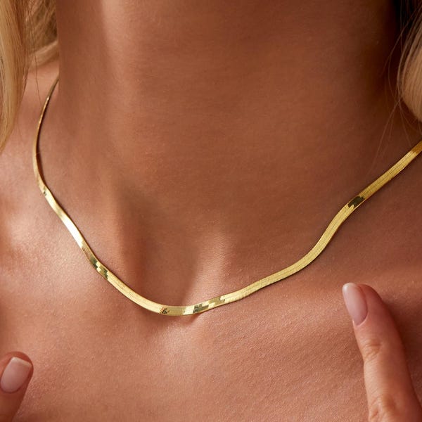 14K Gold Herringbone Necklace, Snake Necklace | Sterling Silver Herringbone Chain, Gold Filled Snake Chain | Waterproof Chain Necklace Women