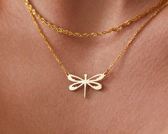 14K Gold Dragonfly Necklace, Dainty Dragonfly Pendant | Silver Dragonfly Jewelry, Tiny Dragonfly Charm | Dragonfly Gifts Her, Bug Necklace