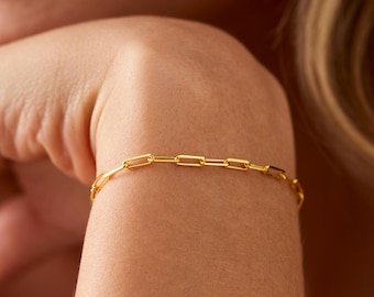 14K Gold Paperclip Chain Bracelet, Link Chain Bracelet | Dainty Gold Bracelet, Simple Gold Bracelet for Women | Thin Gold Chain Bracelet