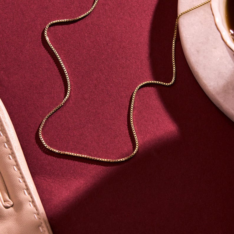 14K Gold Box Chain Necklace, Thin Gold Chain Necklace | Dainty Chain ...