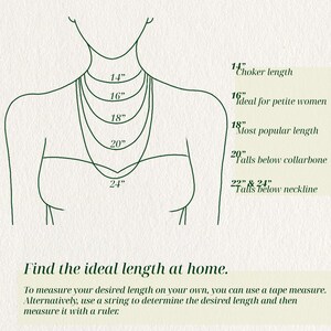 May include: A size chart for necklaces, featuring a line drawing of a person with various necklace lengths labeled in inches: 14" (choker), 16", 18", 20", and 24". Text explains how to measure for the ideal length at home.