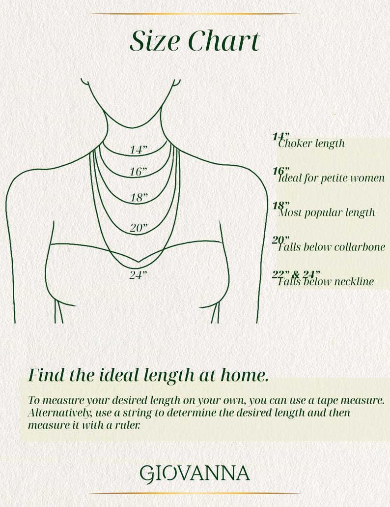 May include: A size chart for necklaces, featuring a line drawing of a person with various necklace lengths labeled in inches: 14" (choker), 16", 18", 20", and 24". Text explains how to measure for the ideal length at home.