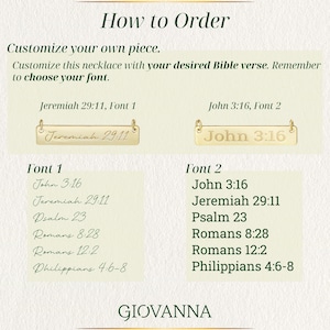 May include: Image showing how to order a custom necklace. The text includes Bible verses such as John 3:16 and Jeremiah 29:11, with font options. The brand name "GIOVANNA" is at the bottom.