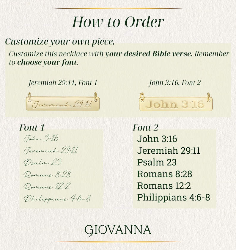 May include: Image showing how to order a custom necklace. The text includes Bible verses such as John 3:16 and Jeremiah 29:11, with font options. The brand name "GIOVANNA" is at the bottom.
