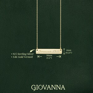 May include: A gold-colored necklace with a rectangular pendant engraved with "Jeremiah 29:11". The pendant is 30mm (1.2 inches) long and 6mm (0.24 inches) wide. The necklace is made of 925 Sterling Silver or 14K Gold Vermeil.