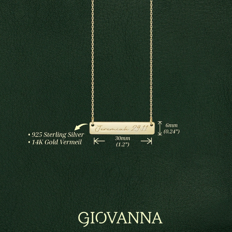 May include: A gold-colored necklace with a rectangular pendant engraved with "Jeremiah 29:11". The pendant is 30mm (1.2 inches) long and 6mm (0.24 inches) wide. The necklace is made of 925 Sterling Silver or 14K Gold Vermeil.