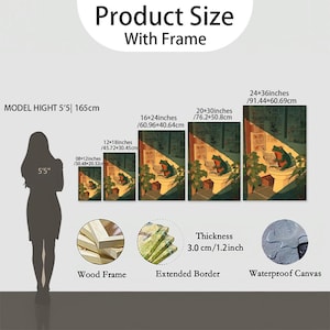 Puede incluir: Tabla de tallas de productos con impresiones en lienzo enmarcadas. Las impresiones muestran una rana leyendo en un ba&ntilde;o. Los tama&ntilde;os var&iacute;an de 20.32cm x 30.48cm a 91.44cm x 60.69cm. Lienzo impermeable, con marco de madera y borde extendido.