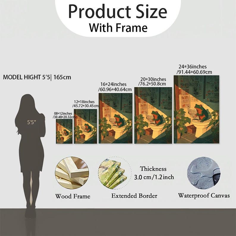 Puede incluir: Tabla de tallas de productos con impresiones en lienzo enmarcadas. Las impresiones muestran una rana leyendo en un ba&ntilde;o. Los tama&ntilde;os var&iacute;an de 20.32cm x 30.48cm a 91.44cm x 60.69cm. Lienzo impermeable, con marco de madera y borde extendido.