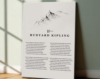 Cuadro decorativo enmarcado con el poema "If" de Rudyard Kipling - Póster de poesía minimalista - Lámina inspiradora, ilustración de una figura en la cima de una montaña