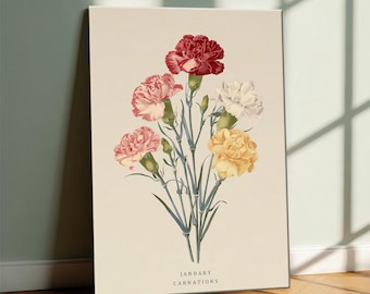 January Carnation Birth Flower Wall Art Print: Vintage Botanical Poster, January Birthday Gift for Her，Gifts for flower lovers